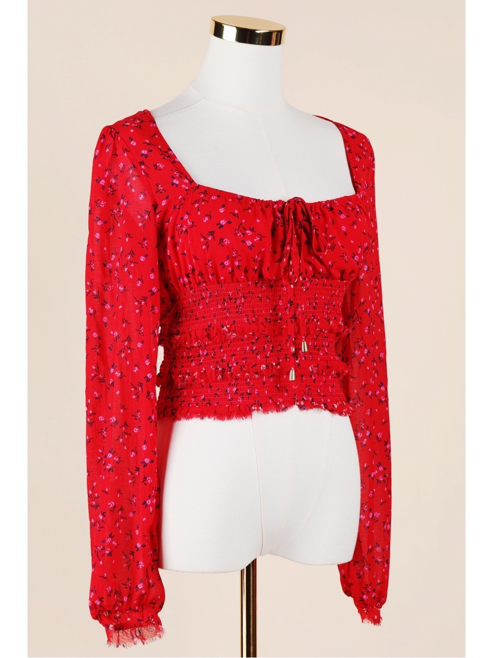 Sz XS Free People Lolita Red Floral Print Smocked Long Sleeve Crop Top EUC